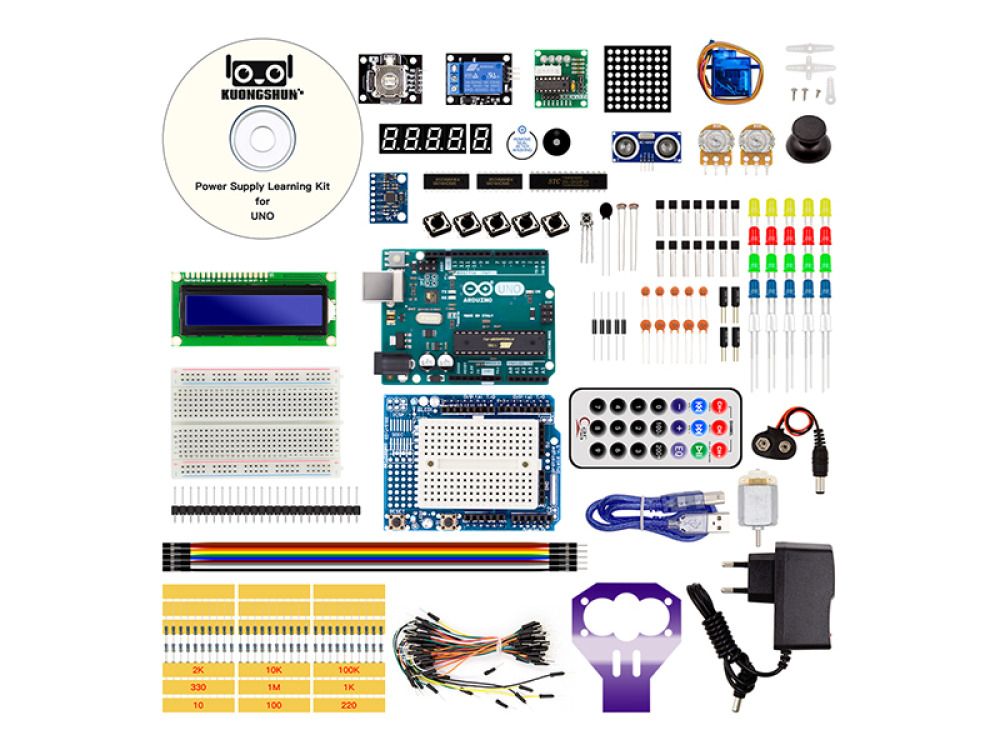 Microcontroller with sensors and accessories. Starter kit expansion for Arduino UNO R3