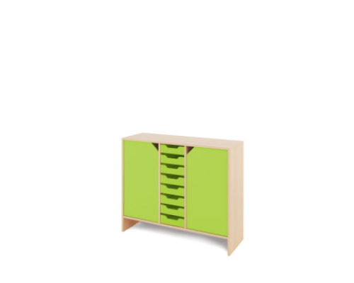Storage Unit L with shelves and doors + shallow wooden trays - Green