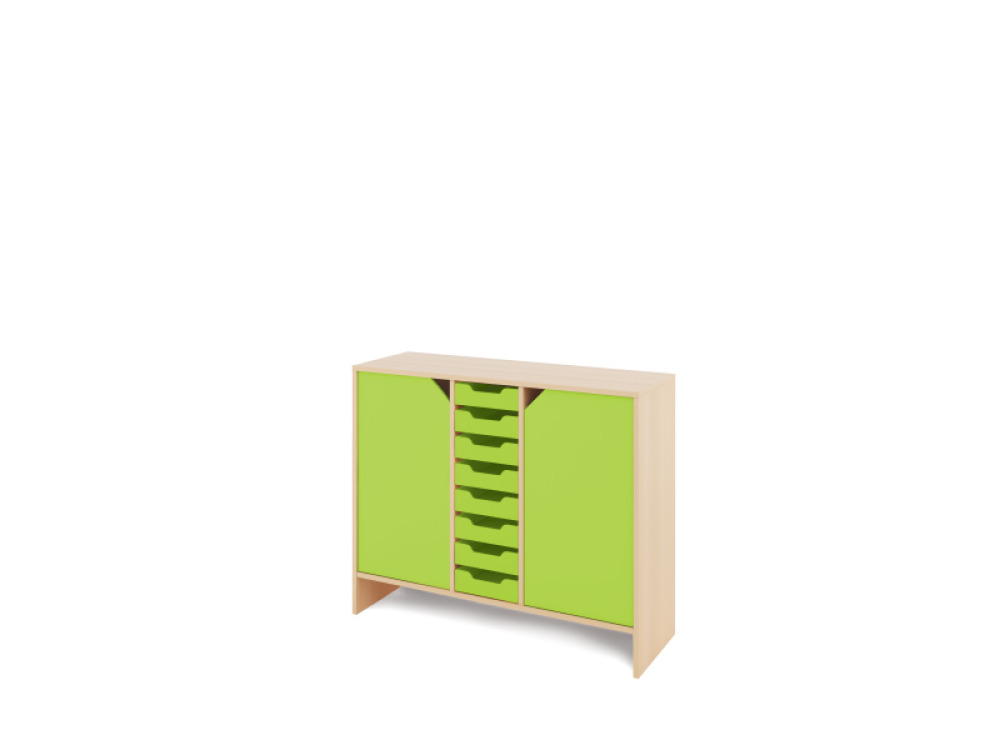 Storage Unit L with shelves and doors + shallow wooden trays - Green