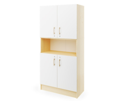 Prima. Tall cabinet with two pairs of doors and a shelf, white, birch