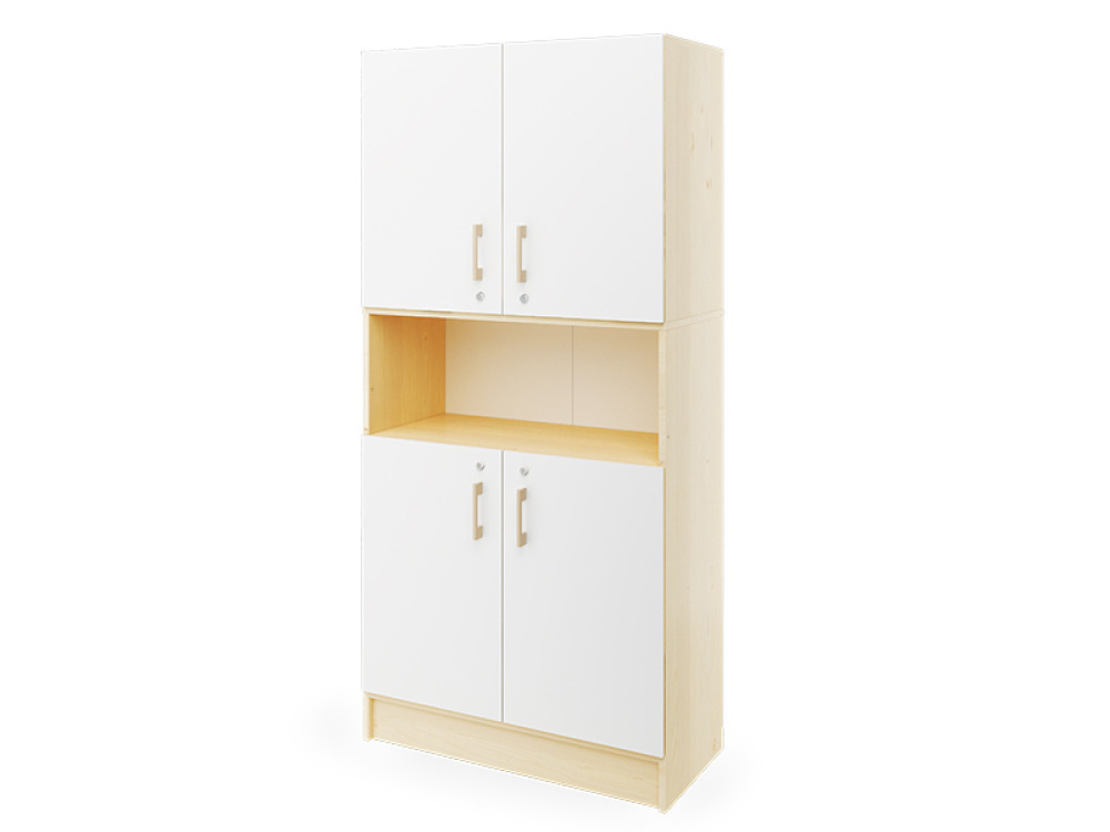 Prima. Tall cabinet with two pairs of doors and a shelf, white, birch
