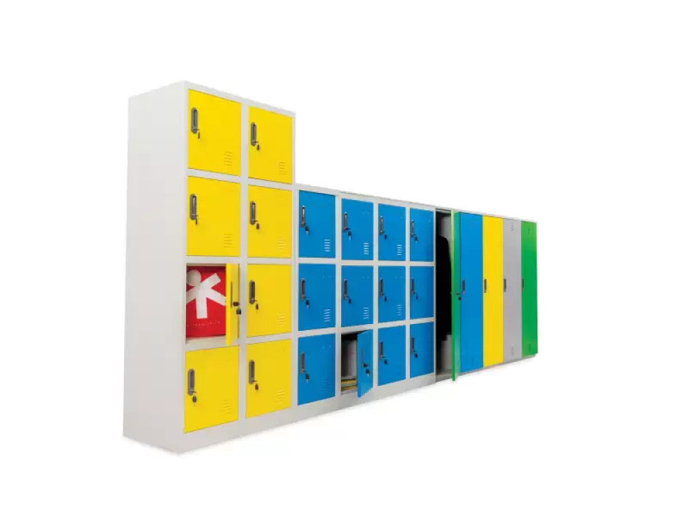 Tall 8-person metal cloakroom - yellow