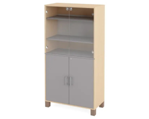 A tall wardrobe with shelves, glass doors and a door with a lock. Grey. Fresh Collection