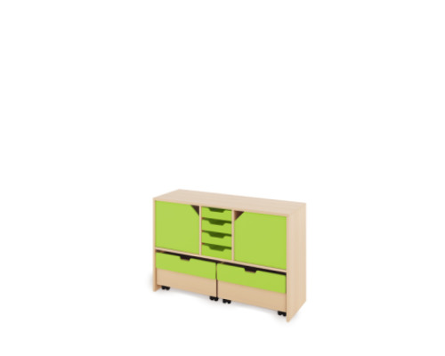 Storage Unit M with shelves and doors + shallow wooden trays & container - Green