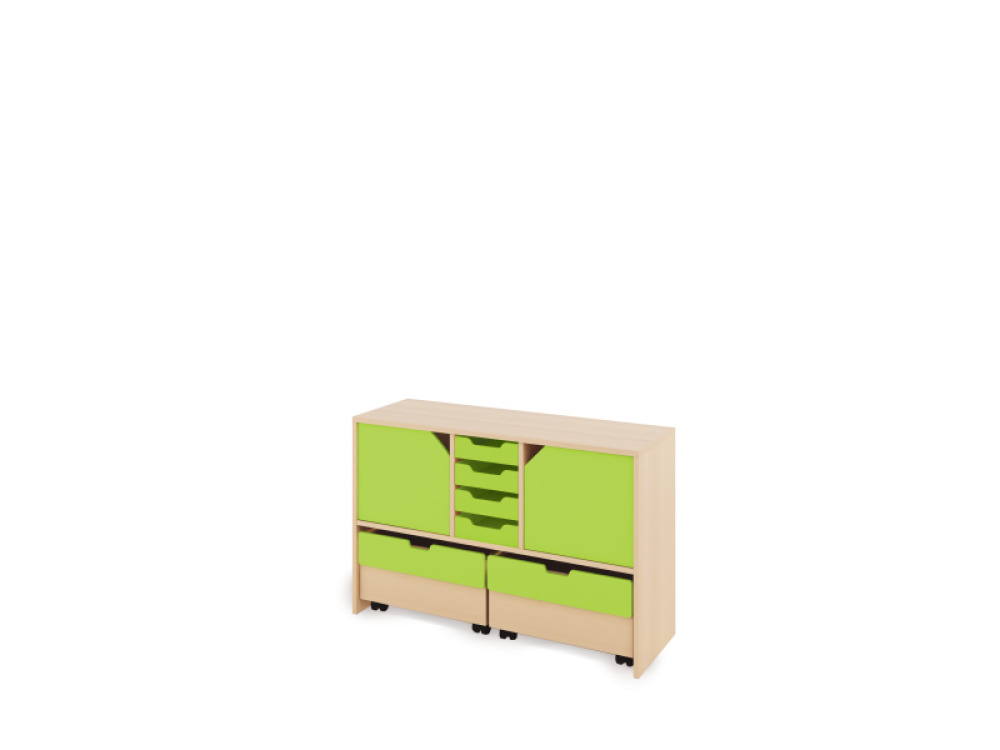 Storage Unit M with shelves and doors + shallow wooden trays & container - Green