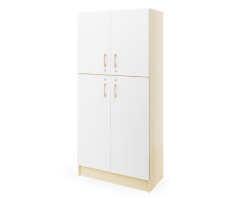 Prima. Tall cabinet with two pairs of doors and shelves, white, birch