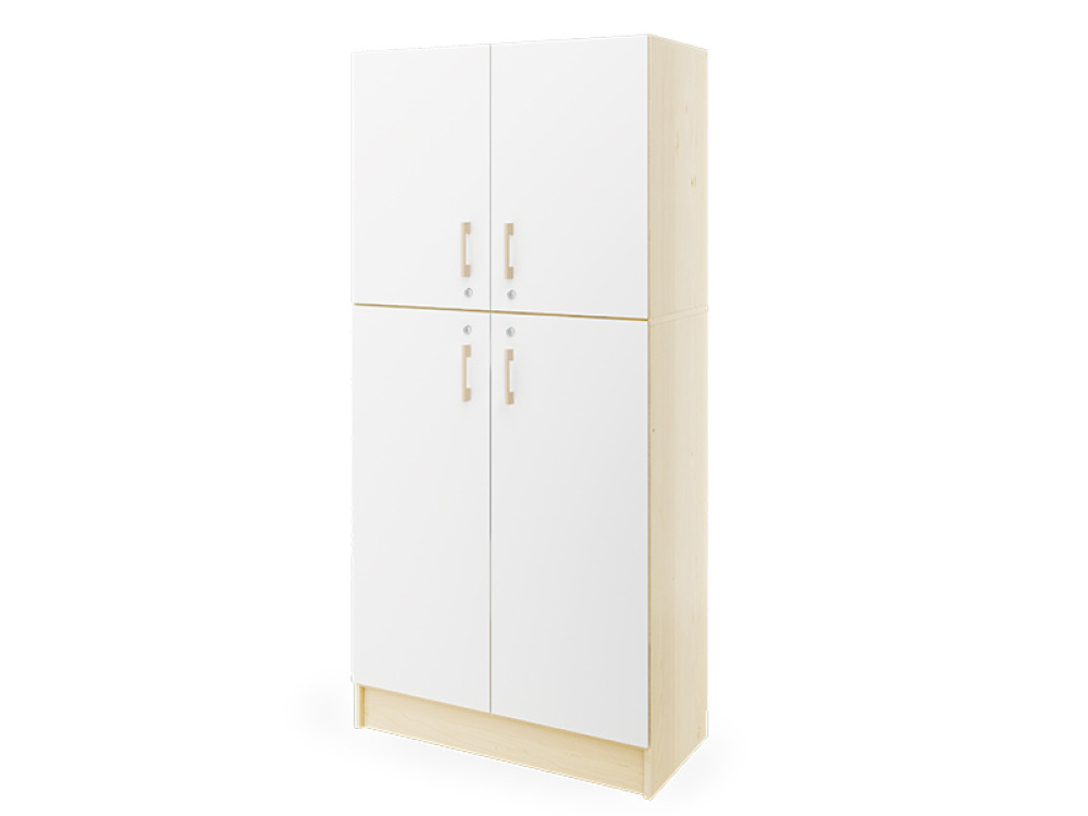 Prima. Tall cabinet with two pairs of doors and shelves, white, birch