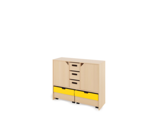 Storage Unit L with shelves and doors + with deep wooden trays & container - Eko