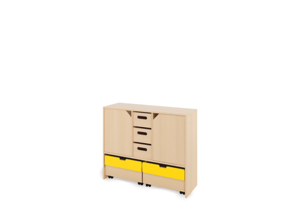 Storage Unit L with shelves and doors + with deep wooden trays & container - Eko
