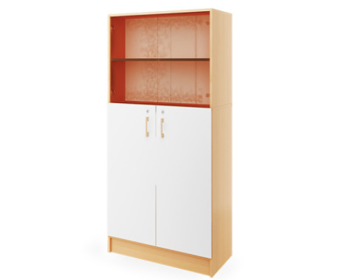 Prima. Tall cabinet with a pair of doors and a pair of glass doors, white, beech