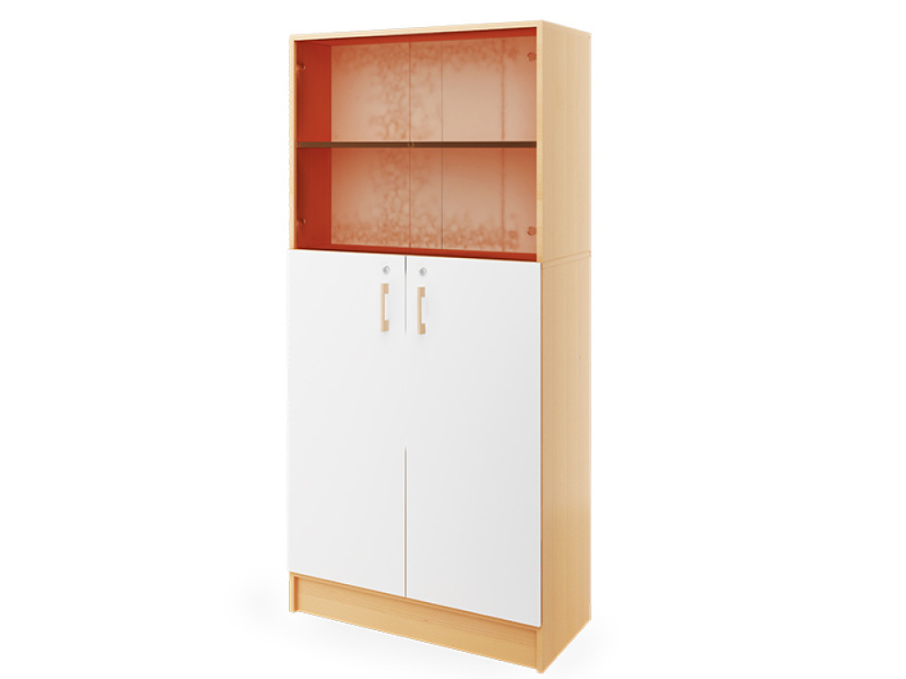 Prima. Tall cabinet with a pair of doors and a pair of glass doors, white, beech