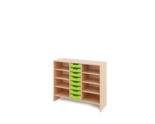 Storage Unit L with shelves + shallow cardboard trays - Green