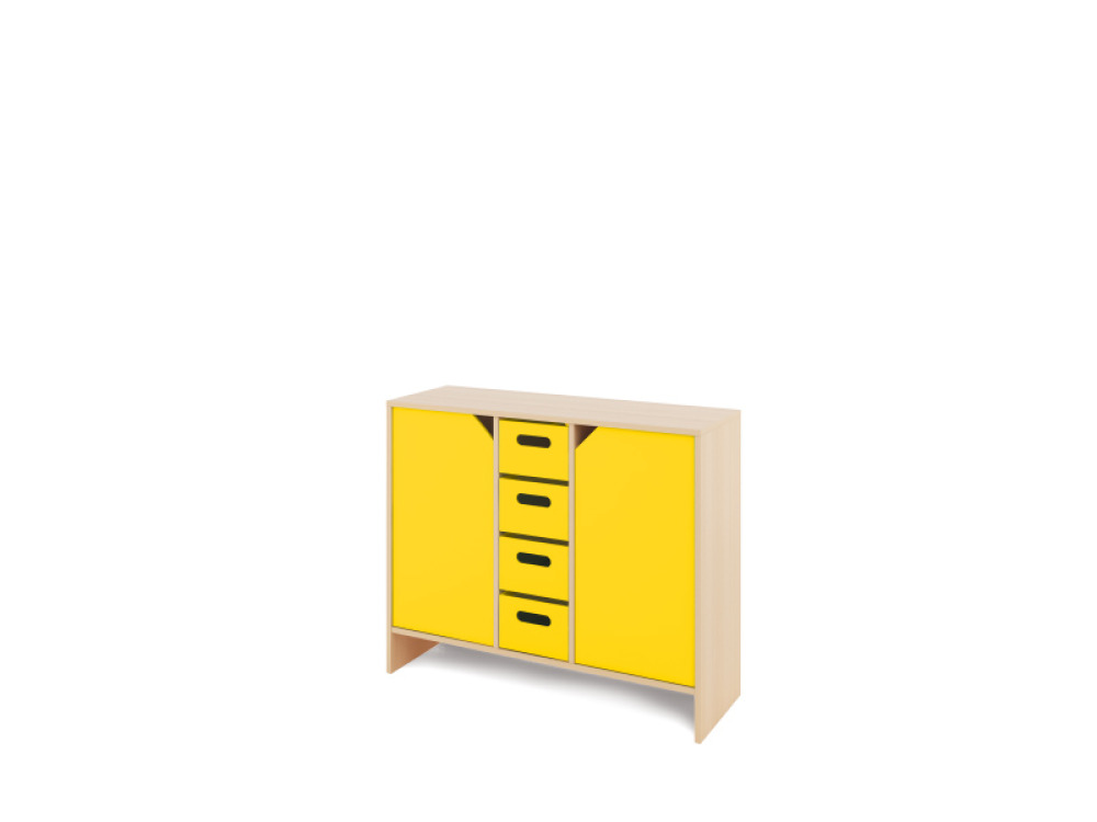 Storage Unit L with shelves and doors + deep wooden trays - Yellow