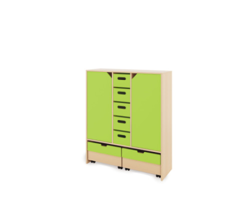 Storage Unit XL with shelves and doors + with deep wooden trays & container - Green