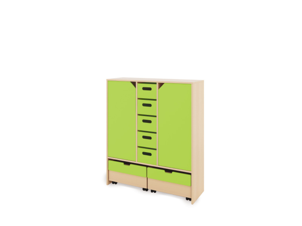Storage Unit XL with shelves and doors + with deep wooden trays & container - Green