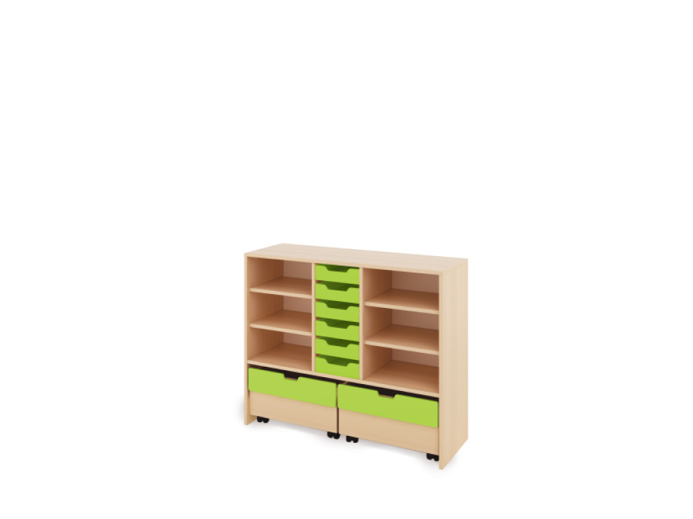 Storage Unit L with shelves + shallow wooden trays & container - Green