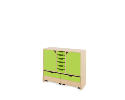 Storage Unit L with shelves and doors + shallow wooden trays & container - Green