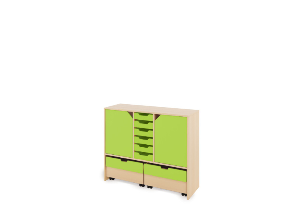 Storage Unit L with shelves and doors + shallow wooden trays & container - Green