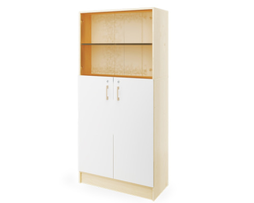 Prima. Tall cabinet with a pair of doors and a pair of glass doors, white, birch