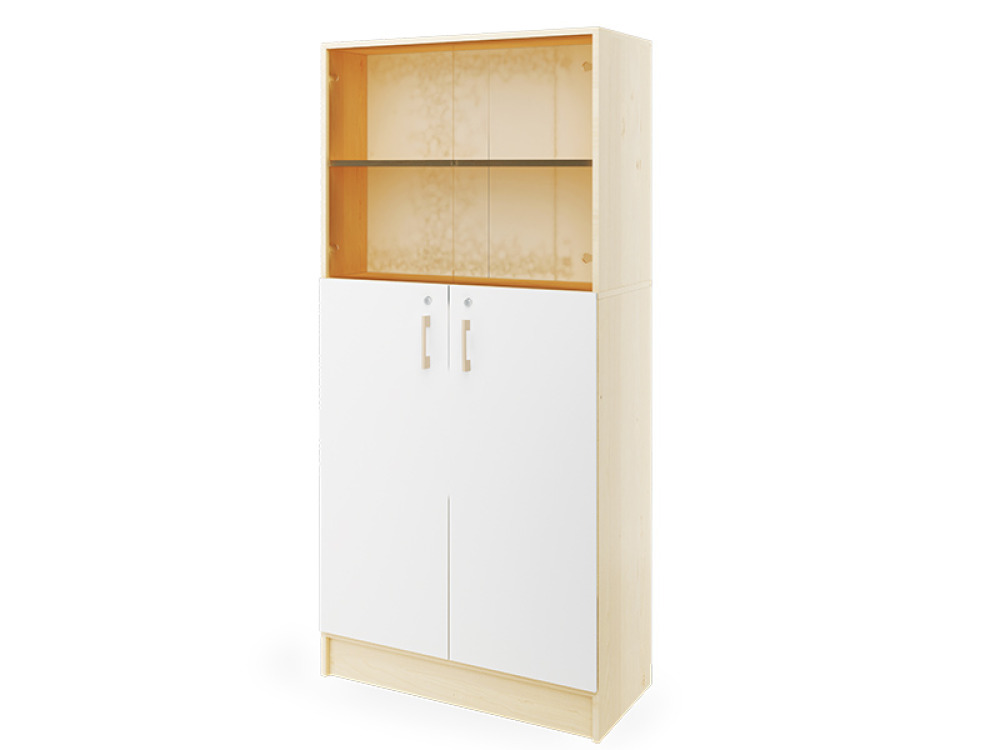 Prima. Tall cabinet with a pair of doors and a pair of glass doors, white, birch