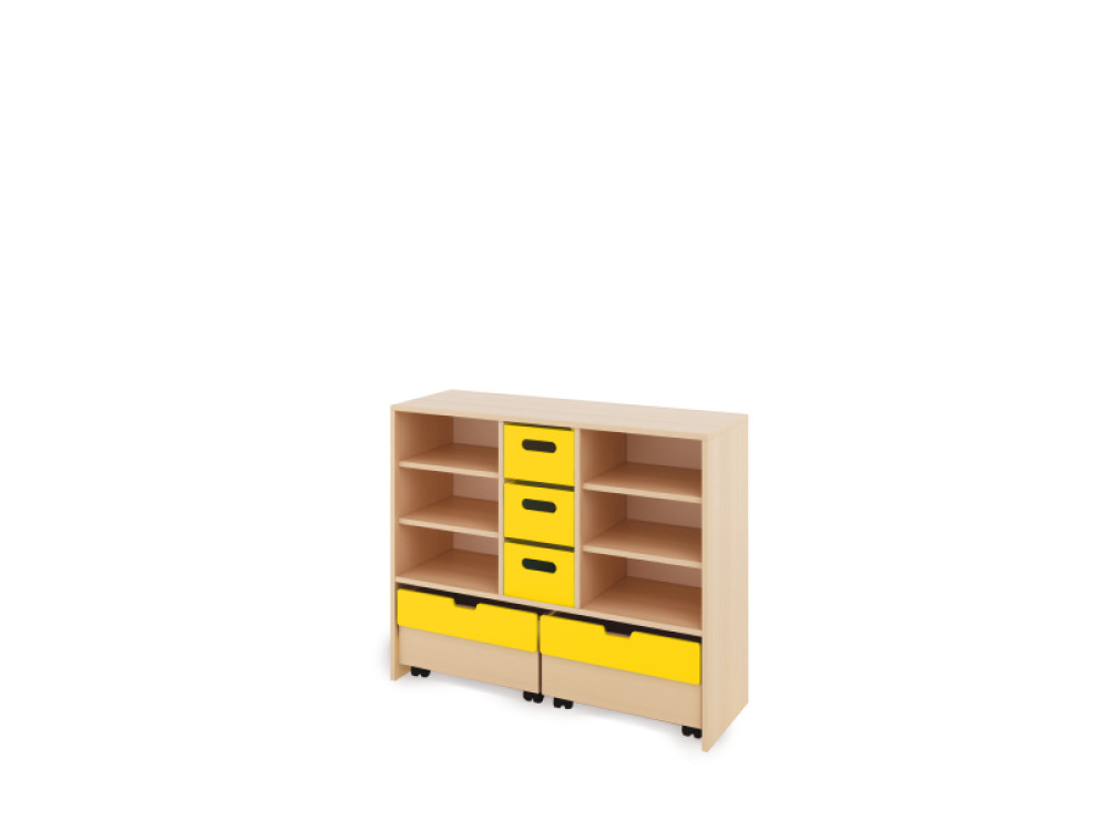 Storage Unit L with shelves + with deep wooden trays & container - Yellow