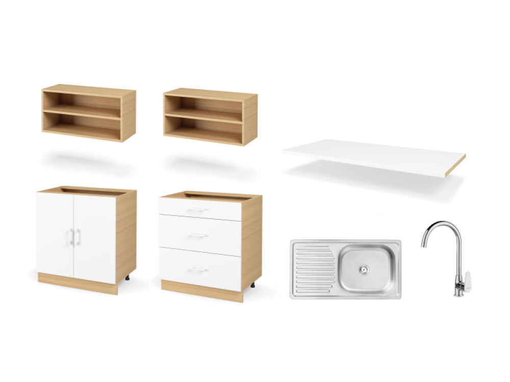 DUO PREMIUM set right 1.60 m with countertop in crystal white colour. Master Kitchen Collection
