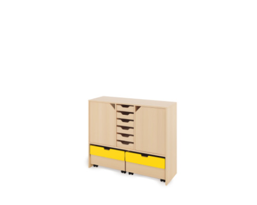 Storage Unit L with shelves and doors + shallow wooden trays & container - Eko