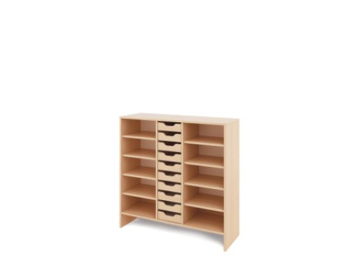 Storage Unit X with shelves + shallow wooden trays - Eko