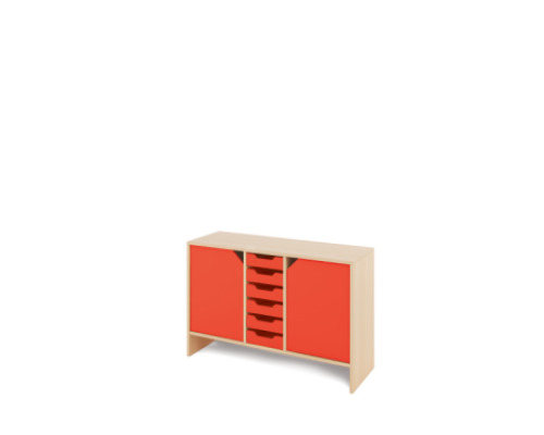 Storage Unit M with shelves and doors + shallow wooden trays - Red