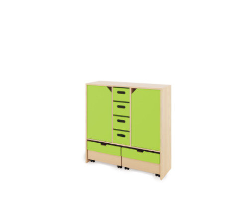 Storage Unit X with shelves and doors + deep cardboard trays & container - Green