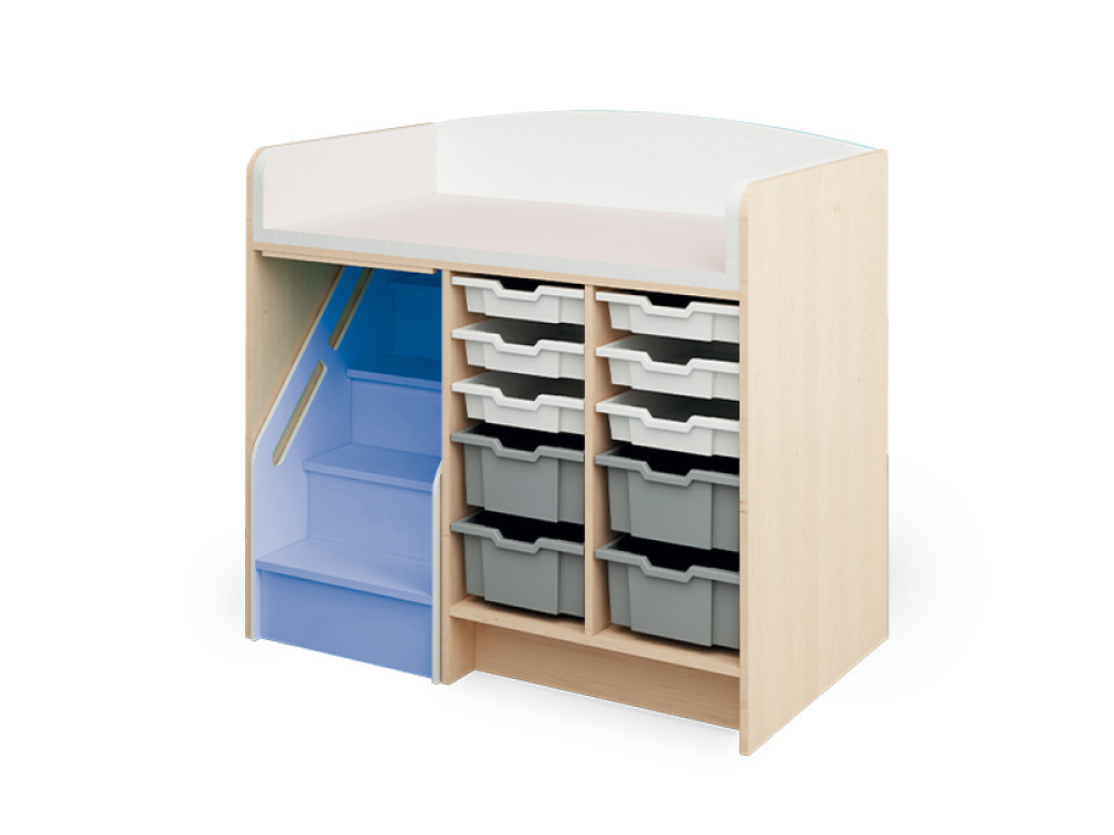 Changing table with mattress, containers and steps in white and azure blue. Cubo collection