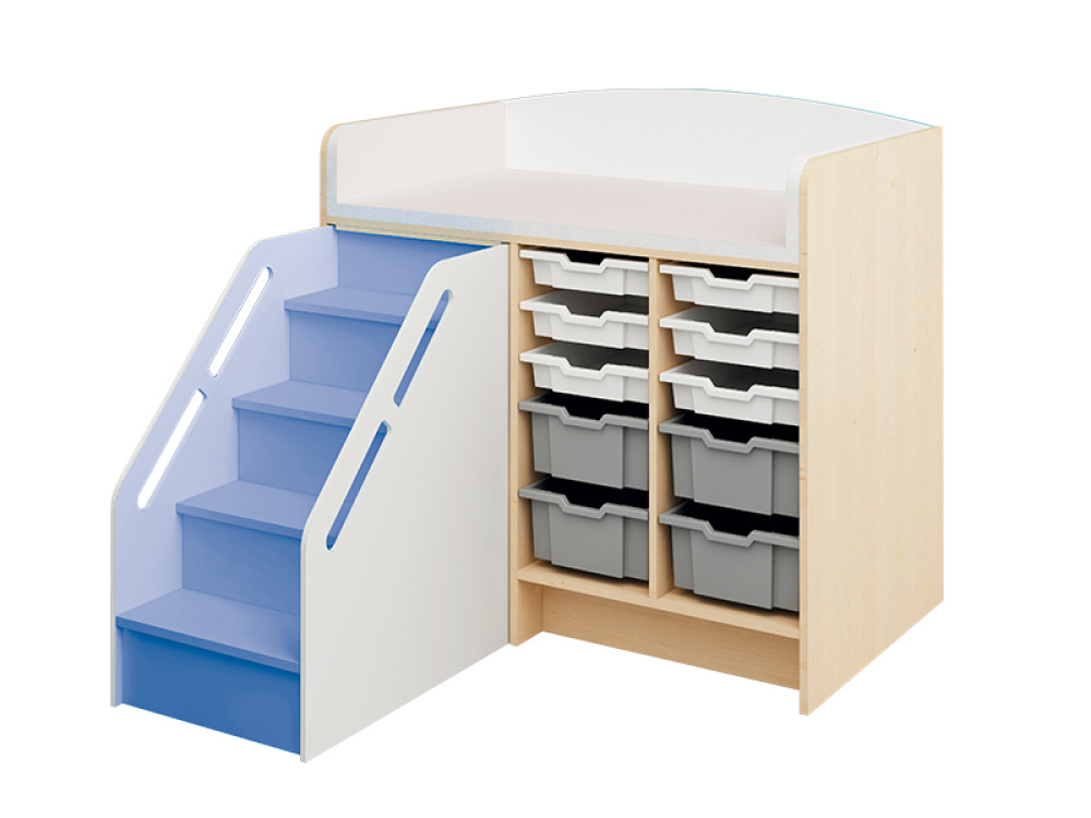 Changing table with mattress, containers and steps in white and azure blue. Cubo collection