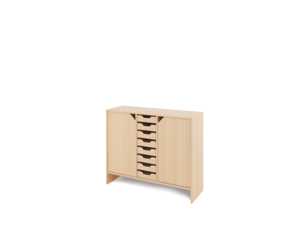 Storage Unit L with shelves and doors + shallow wooden trays - Eko