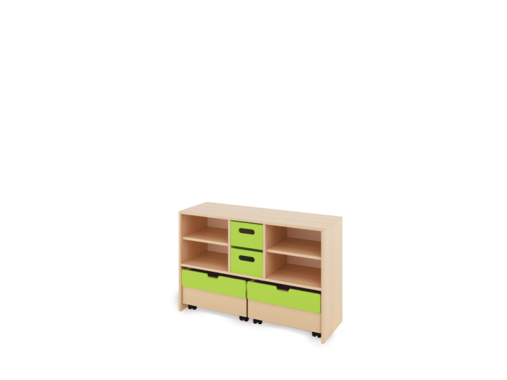 Storage Unit M with shelves + with deep wooden trays & container - Green