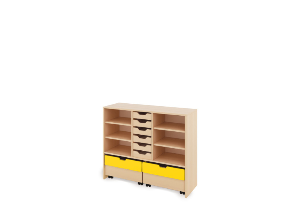 Storage Unit L with shelves + shallow wooden trays & container - Eko