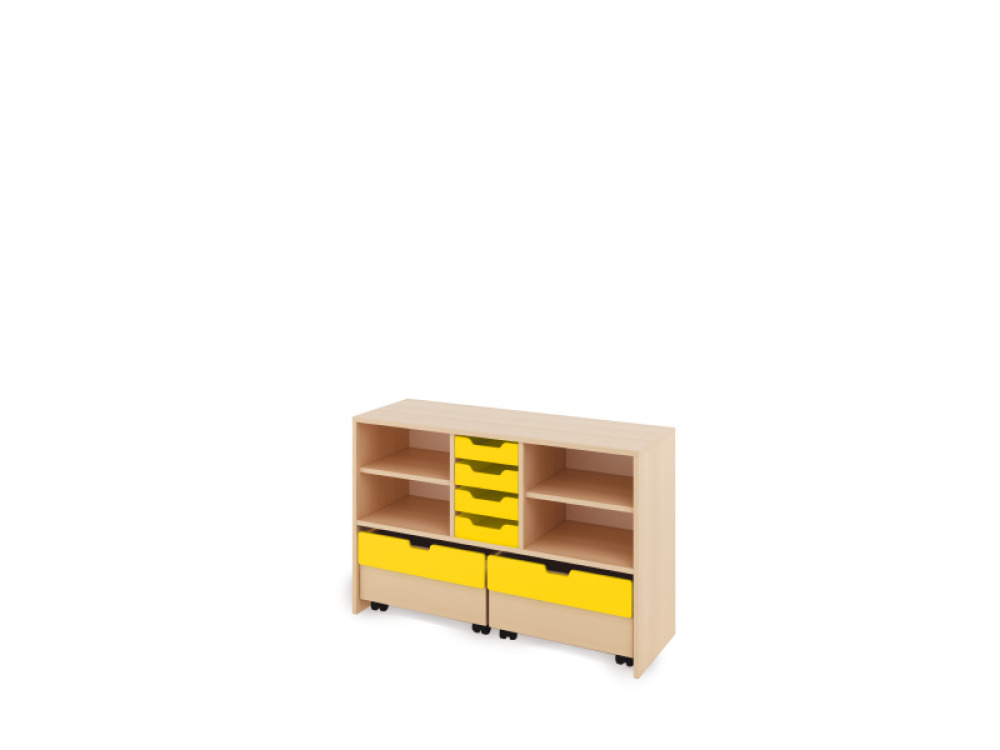 Storage Unit M with shelves + shallow wooden trays & container - Yellow
