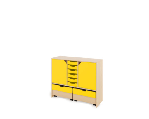 Storage Unit L with shelves and doors + shallow wooden trays & container - Yellow