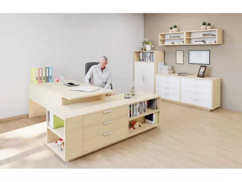 Headmaster s desk with raised table top and drawers - birch and white. Exclusive