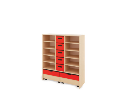 Storage Unit XL with shelves + deep cardboard trays & container - Red