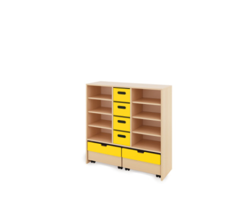 Storage Unit X with shelves + with deep wooden trays & container - Yellow