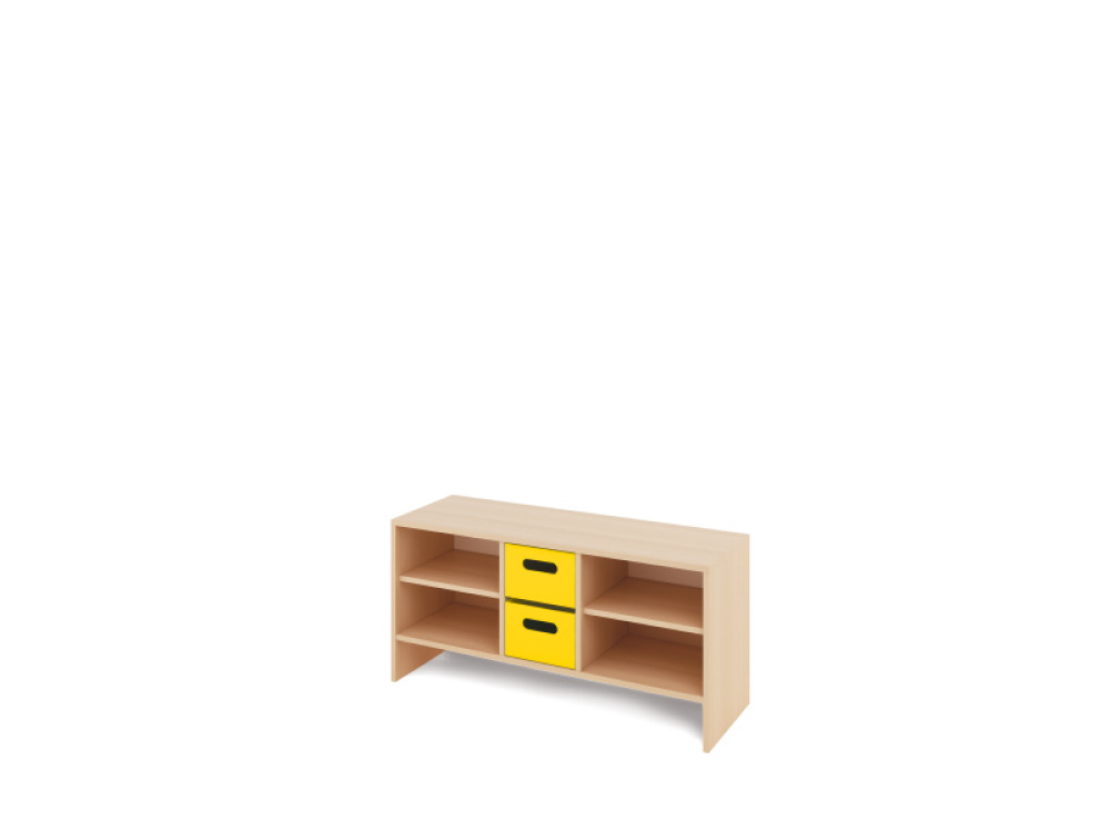 Storage Unit S with shelves + deep wooden trays - Yellow