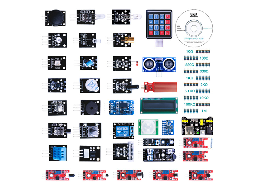 Microcontroller with sensors and accessories. Set of 37 sensors and modules - Arduino Sensor Kit