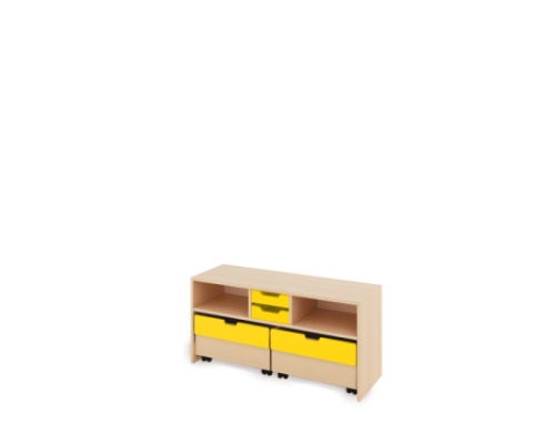 Storage Unit S with shelves + shallow wooden trays & container - Yellow