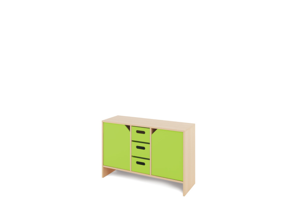 Storage Unit M with shelves and doors + deep wooden trays - Green