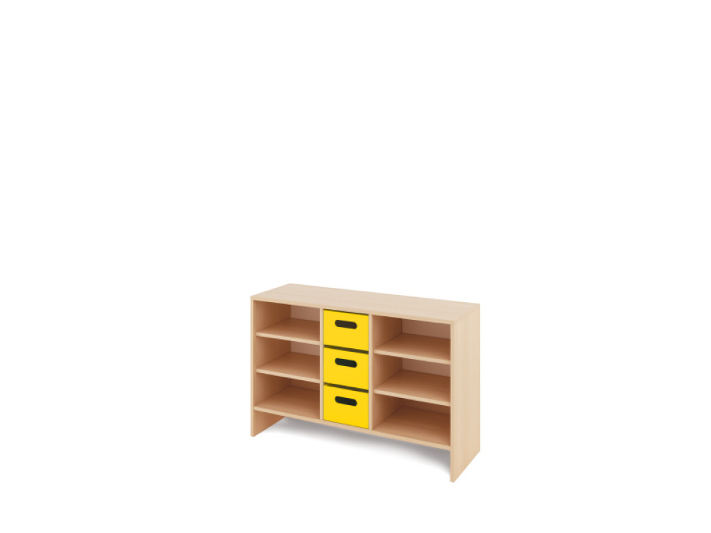 Storage Unit M with shelves + deep wooden trays - Yellow