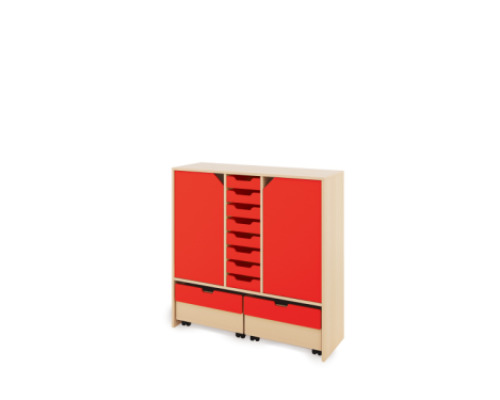 Storage Unit X with shelves and doors + shallow cardboard trays & container - Red
