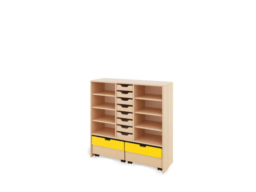 Storage Unit X with shelves + shallow wooden trays & container - Eko