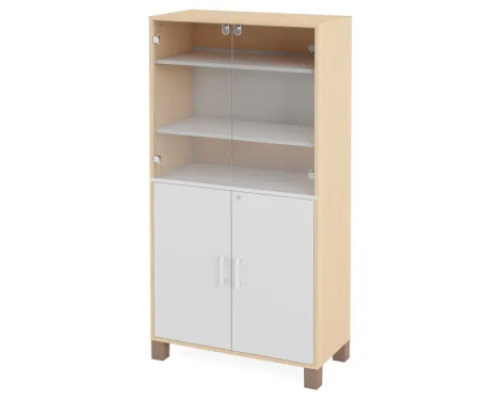 A tall wardrobe with shelves, glass doors and a door with a lock. White. Fresh Collection