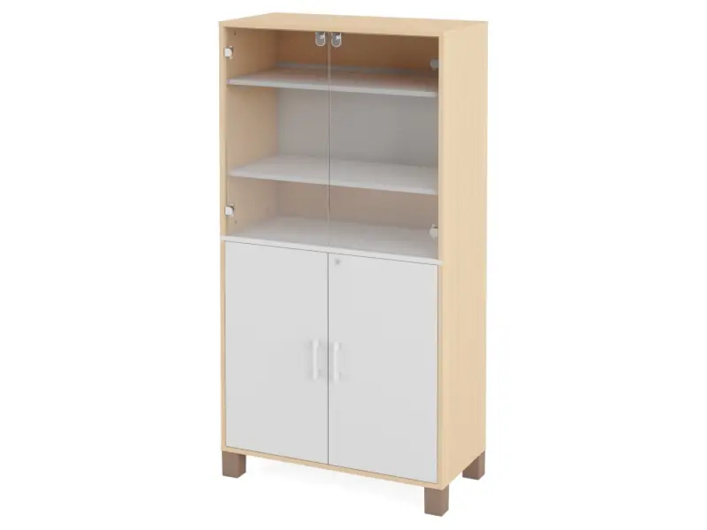 A tall wardrobe with shelves, glass doors and a door with a lock. White. Fresh Collection