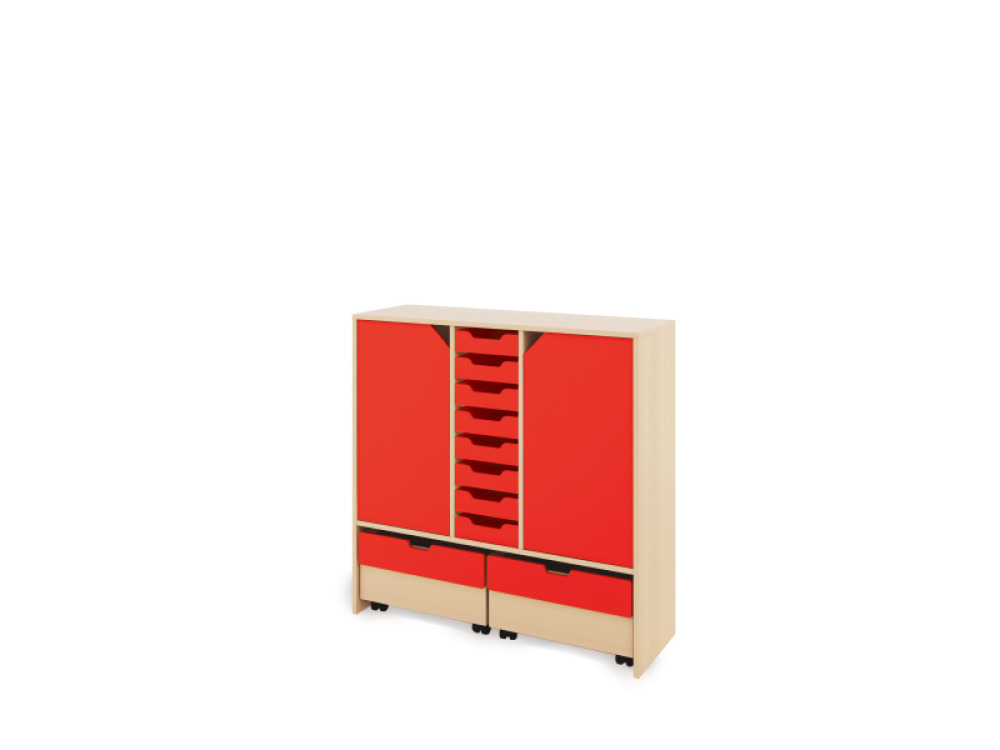 Storage Unit X with shelves and doors + shallow wooden trays & container - Red
